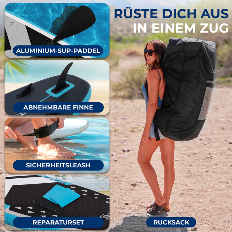 Frau mit Rucksack, SUP-Paddel, Finne, Leash und Reparaturset.
