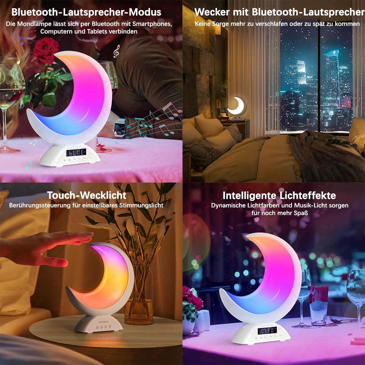 Vier Szenen zeigen eine Mondlampe mit Farbwechsel und Bluetooth-Funktion.