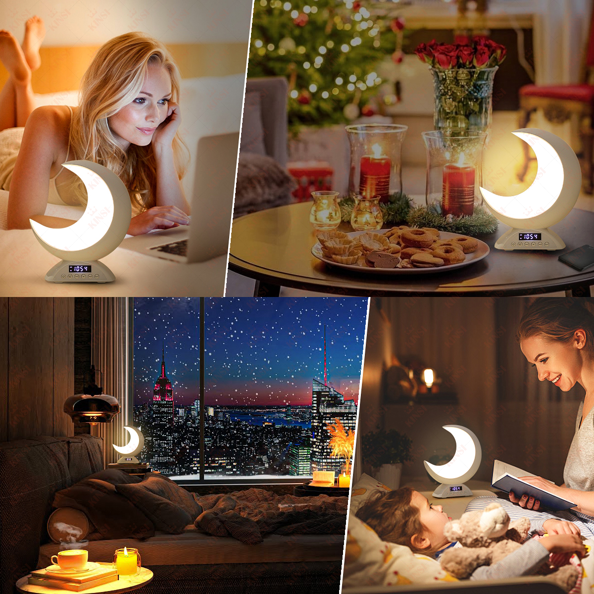 Vier Szenen: Frau am Laptop, Mondlampe, Weihnachtsbaum, Kekse, Stadtblick, Mutter liest Kind vor.