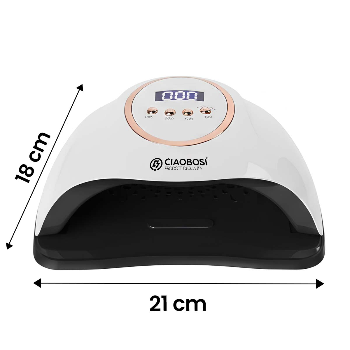 Eine weiße und schwarze Nageltrocknerlampe mit digitalen Anzeigen und Größenangaben.