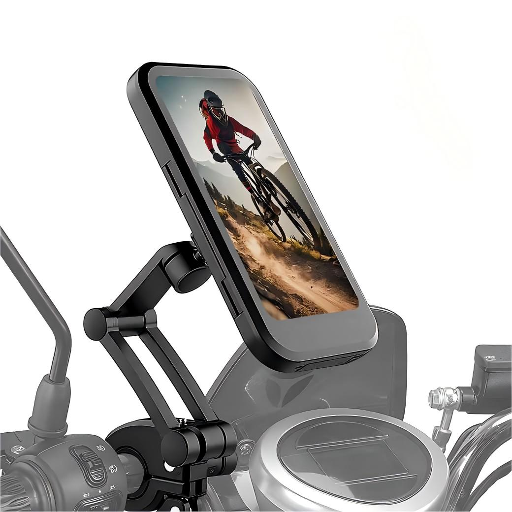 Motorradhalterung mit Smartphone, das einen Mountainbiker zeigt.