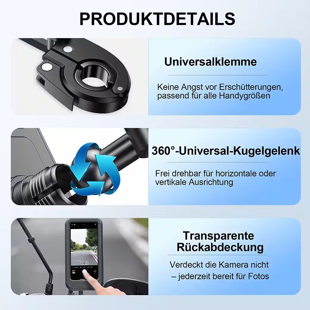 Produktbeschreibung: Universalklemme, 360° Kugelgelenk, transparente Rückabdeckung.