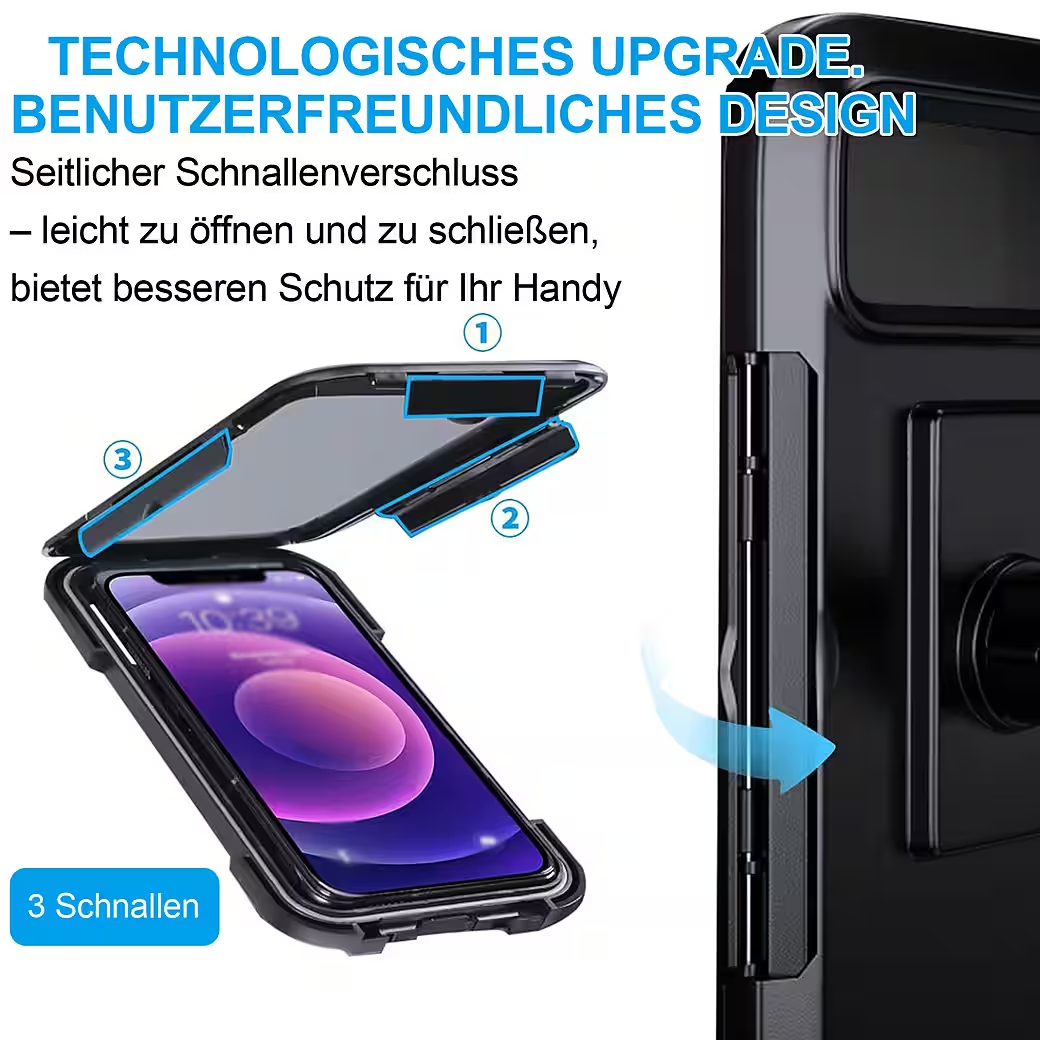 Schwarze Handyhülle mit seitlichen Verschlüssen zum Schutz. Bietet 3 Verschlüsse.
