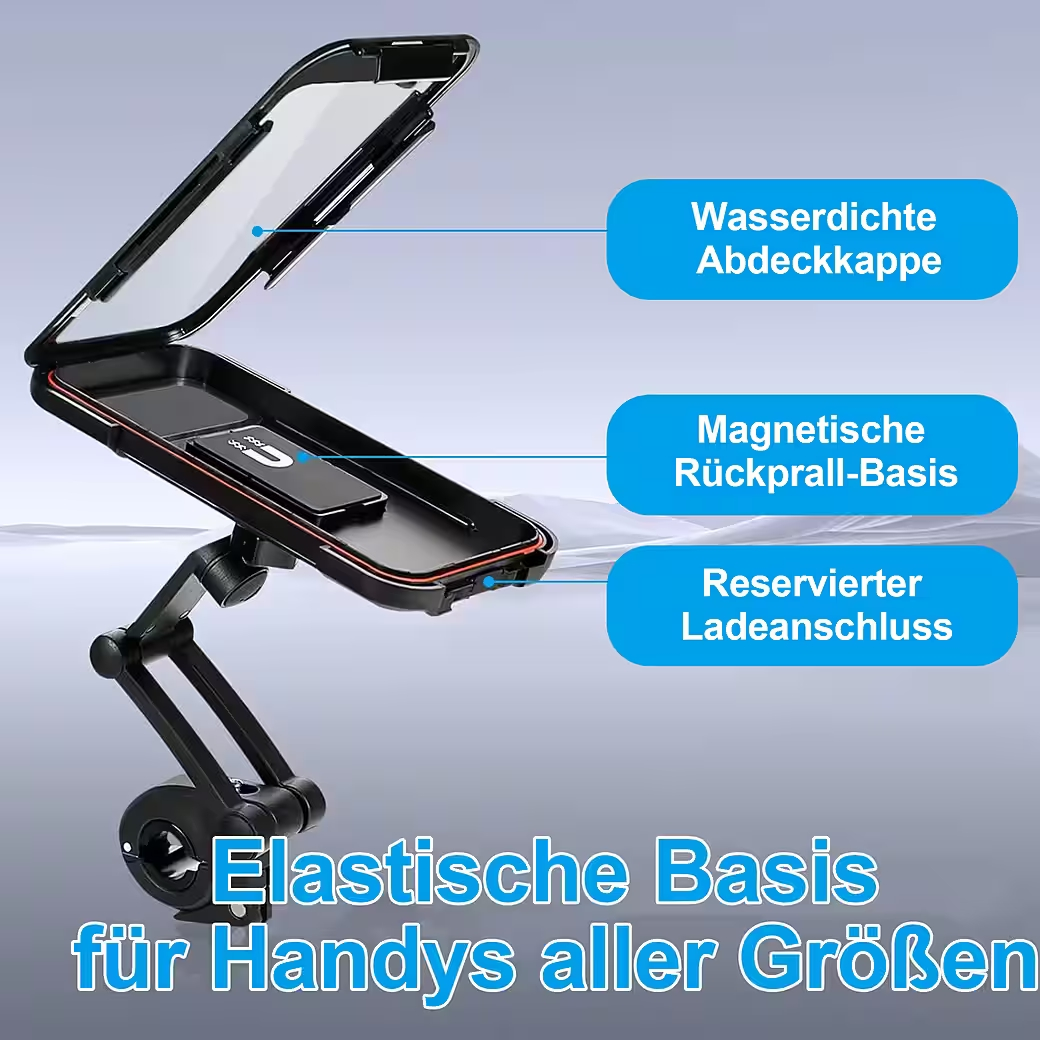 Wasserdichte Handyhalterung mit magnetischer Basis und Ladeanschluss.