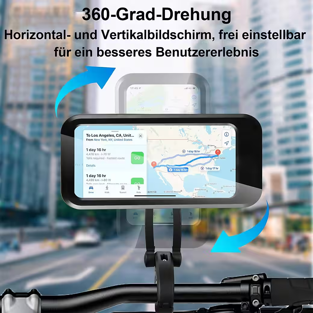 Fahrradhalterung mit Navigationsgerät zeigt Route von NY nach LA. Horizontale Ausrichtung.