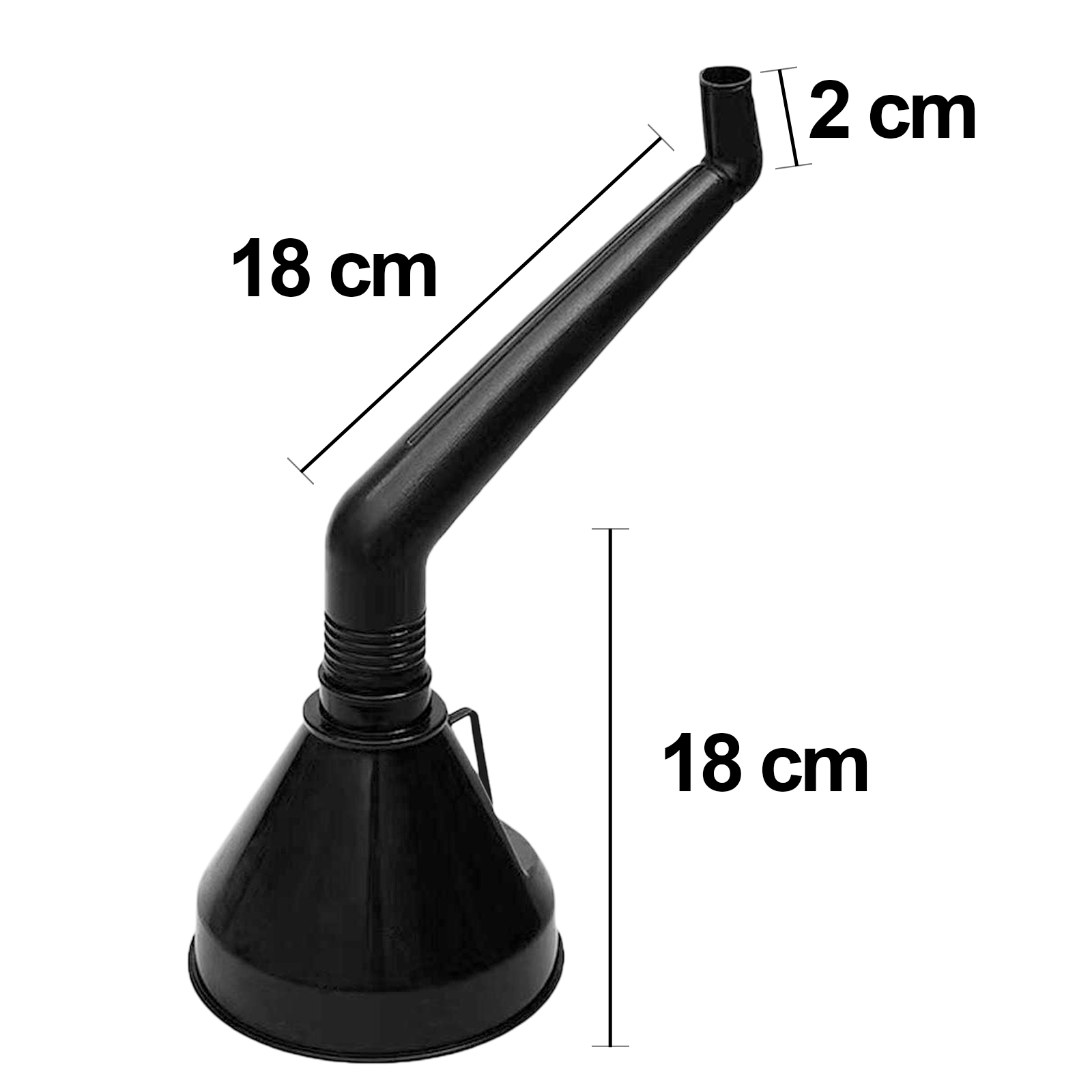 Schwarzer Trichter mit Maßen 18 cm und 2 cm.