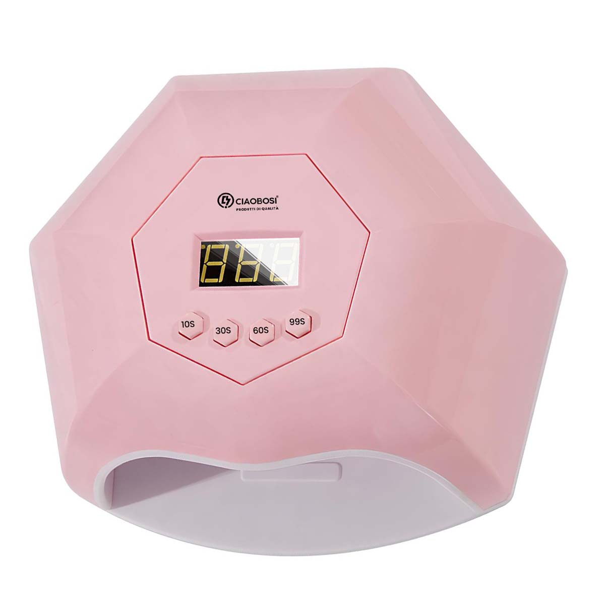 Eine pinke sechseckige UV-Nagellampe mit Digitalanzeige und Timer-Tasten.