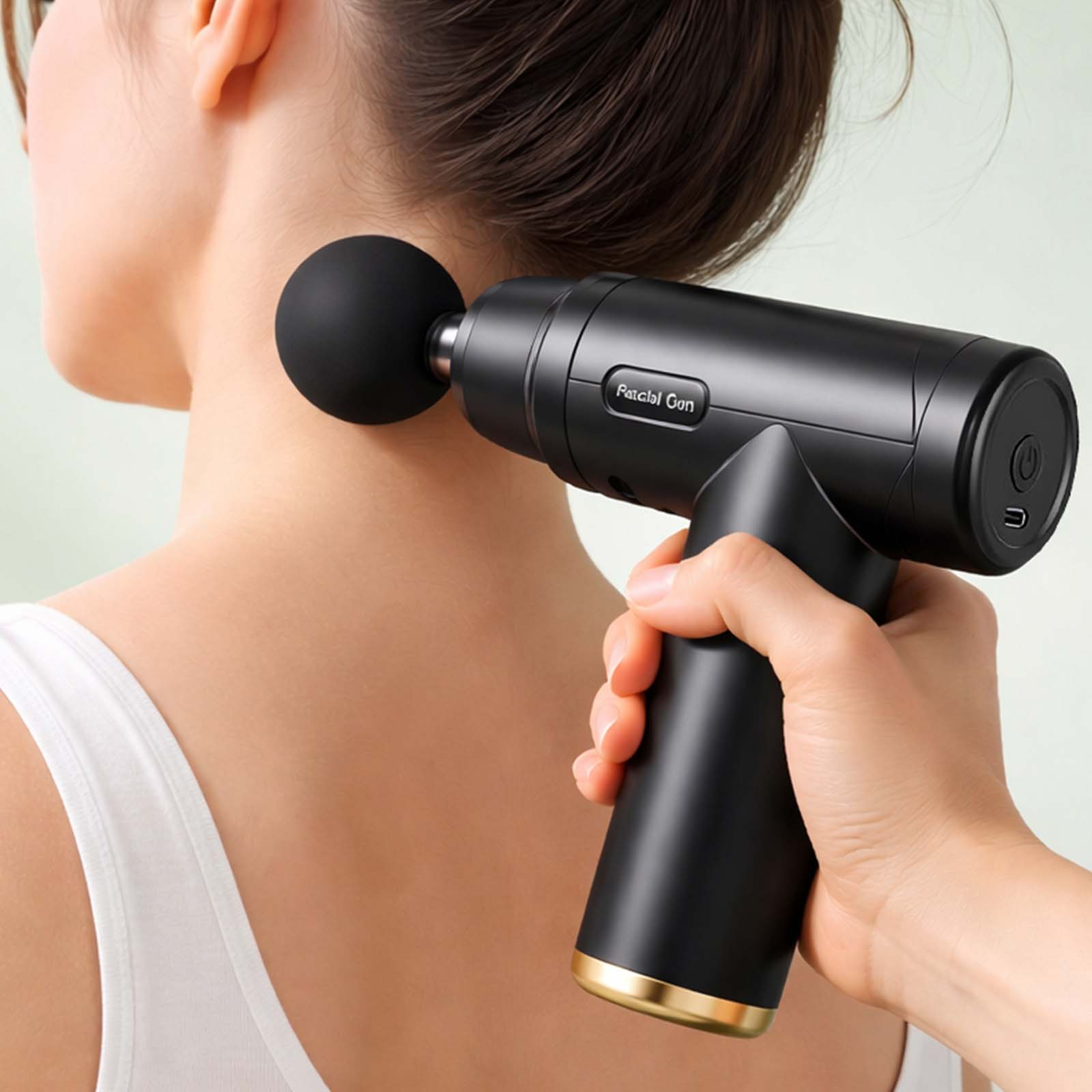 Eine Person benutzt eine schwarze Massagepistole am Nacken.