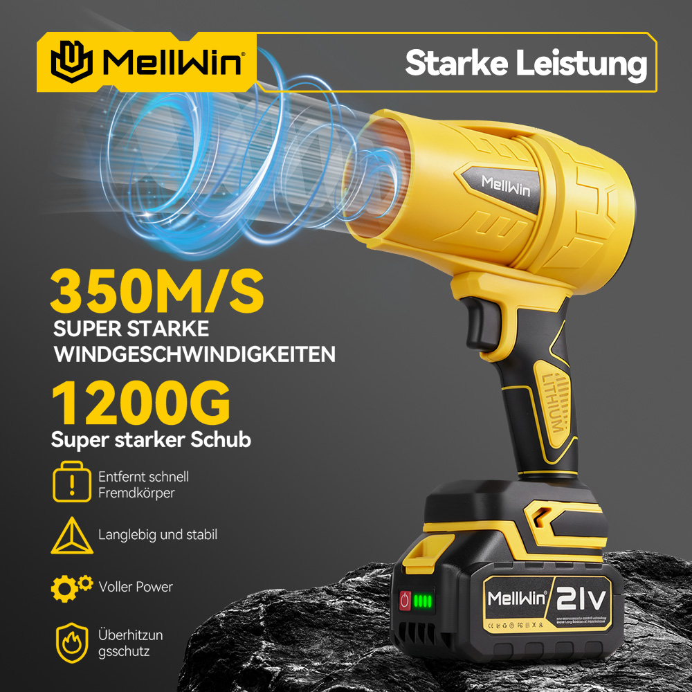 Gelber MellWin Laubbläser mit schwarzem Griff und Batterie. Starke Leistung.