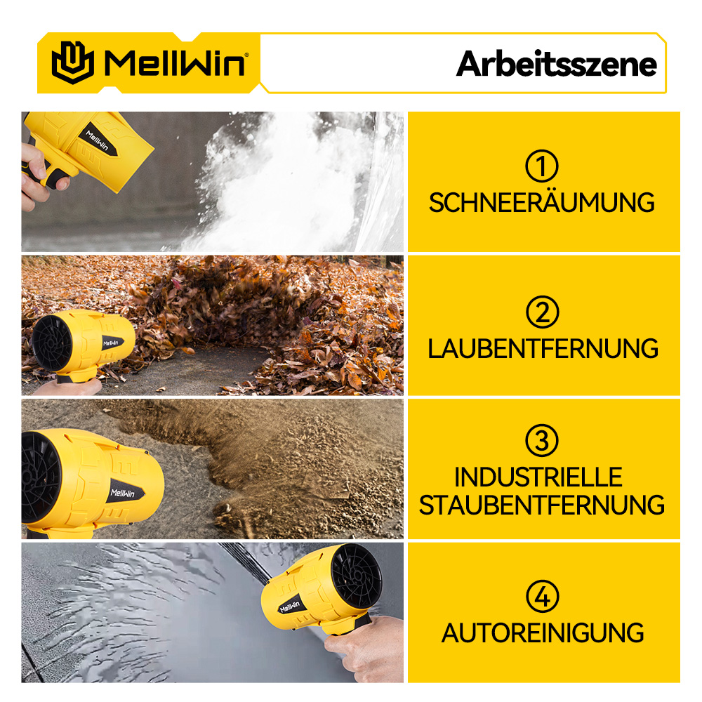 Vier Szenen mit einem gelben Gebläse: Schnee, Blätter, Staub und Auto.