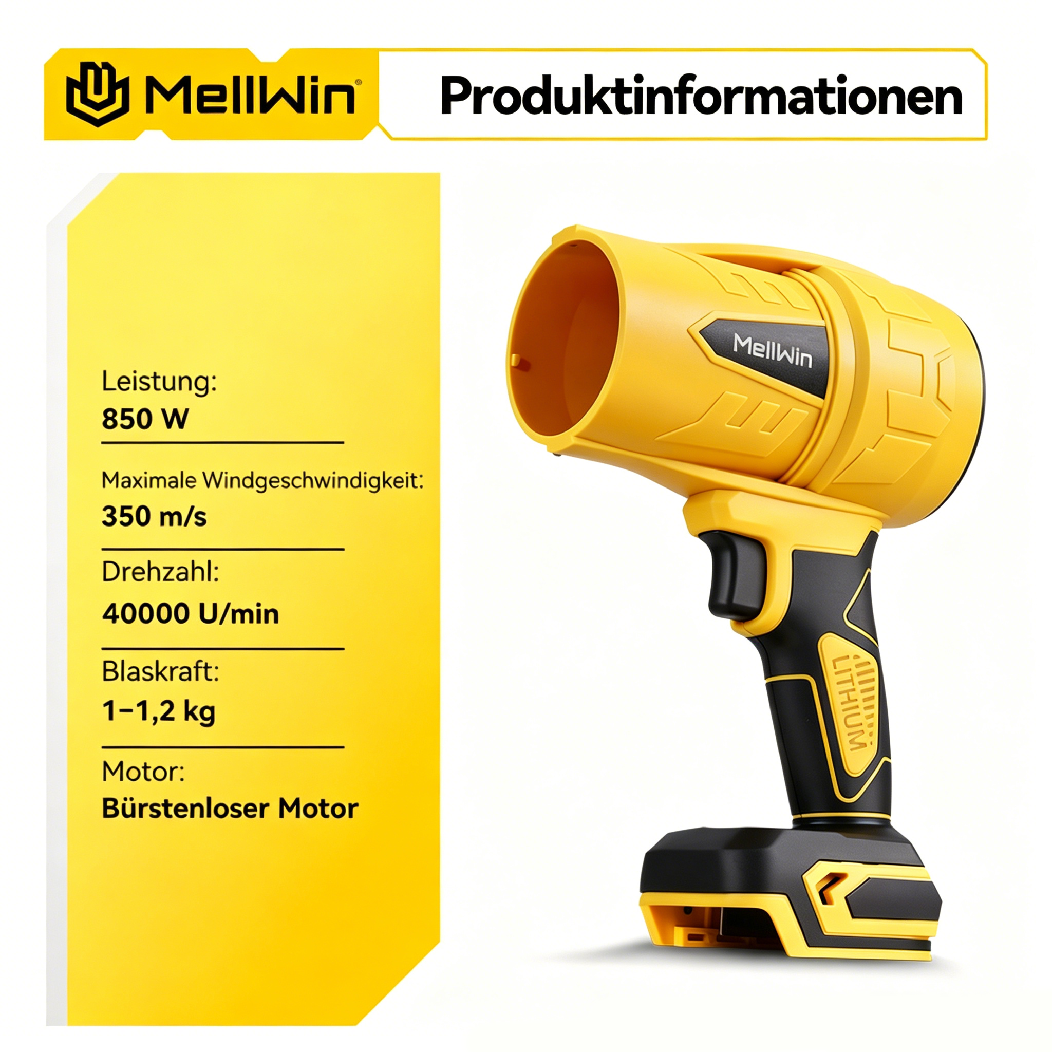 Gelber MellWin Laubbläser mit schwarzen Akzenten und technischen Daten.