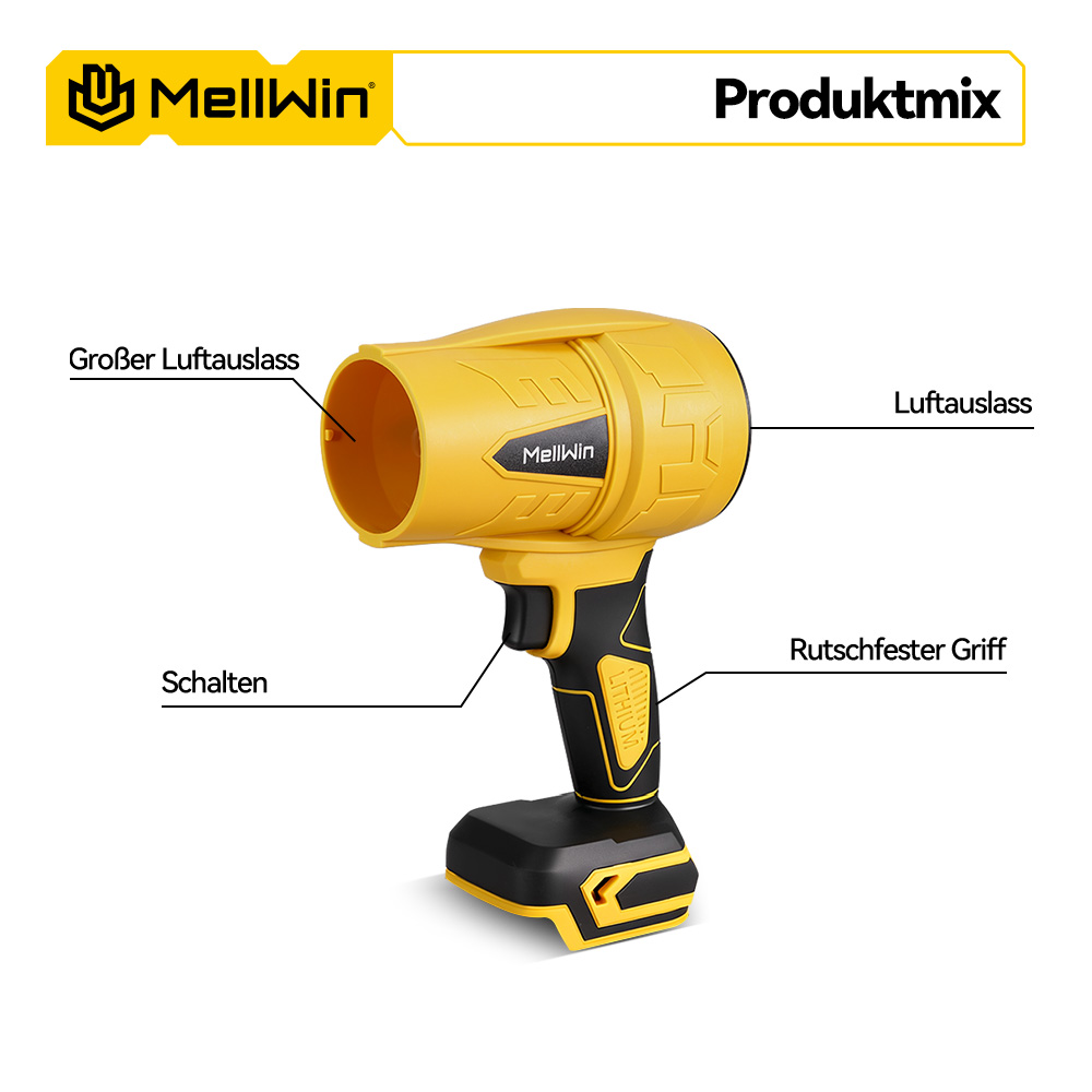 Gelber MellWin-Gebläse mit schwarzem Griff und Akku.