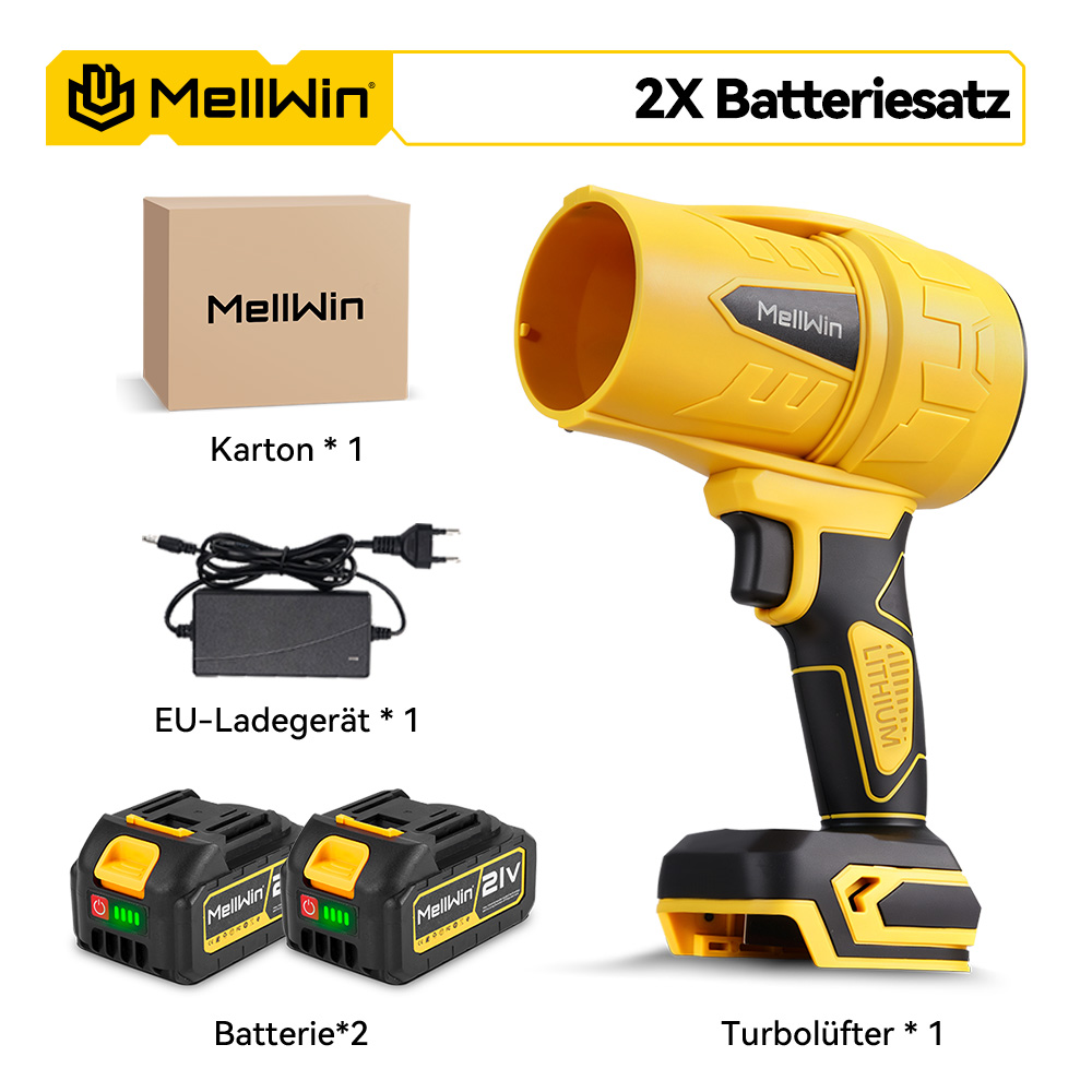Ein gelber und schwarzer Turbobläser mit Zubehör: Karton, Ladegerät, zwei Batterien.