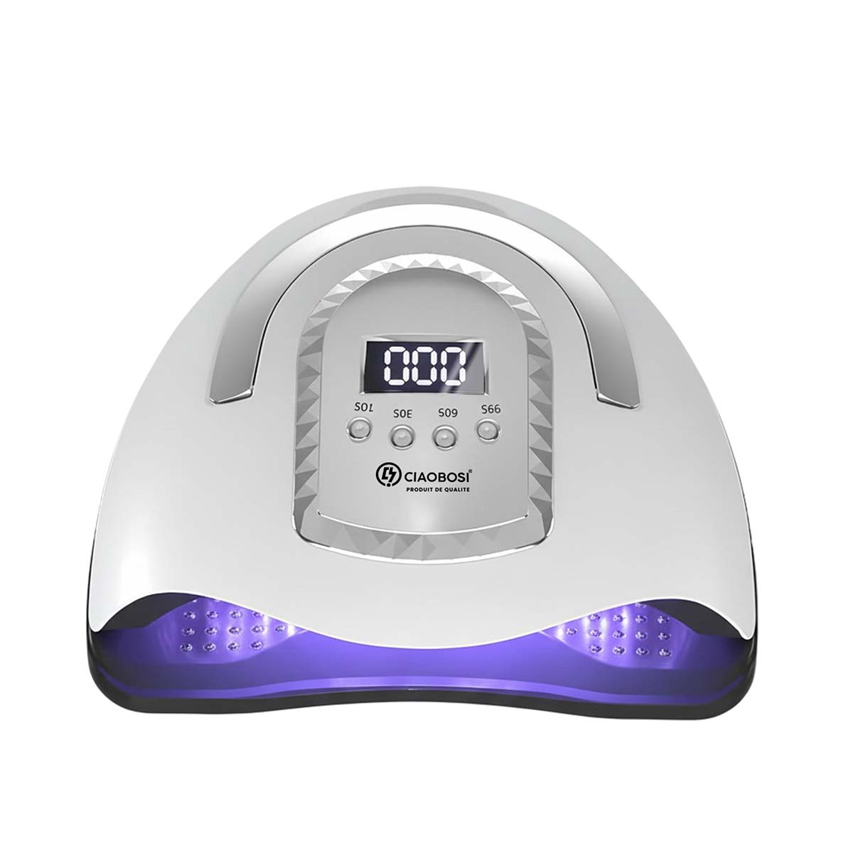 Ein weißer UV-Nageltrockner mit digitaler Anzeige und blauen Lichtern.