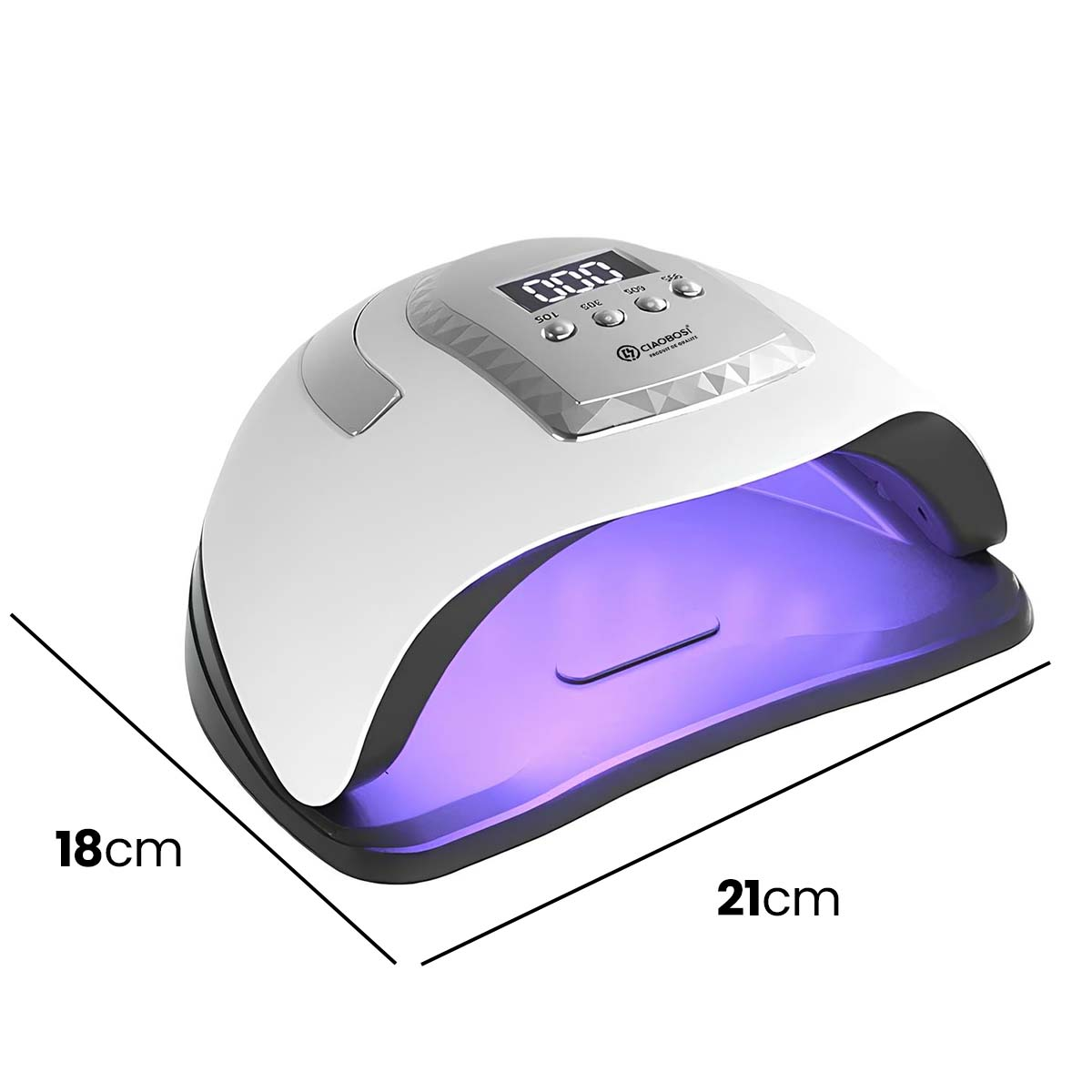 Weiße UV-Nagellampe mit digitaler Anzeige, lila Innenlicht und Maßen 18x21cm.