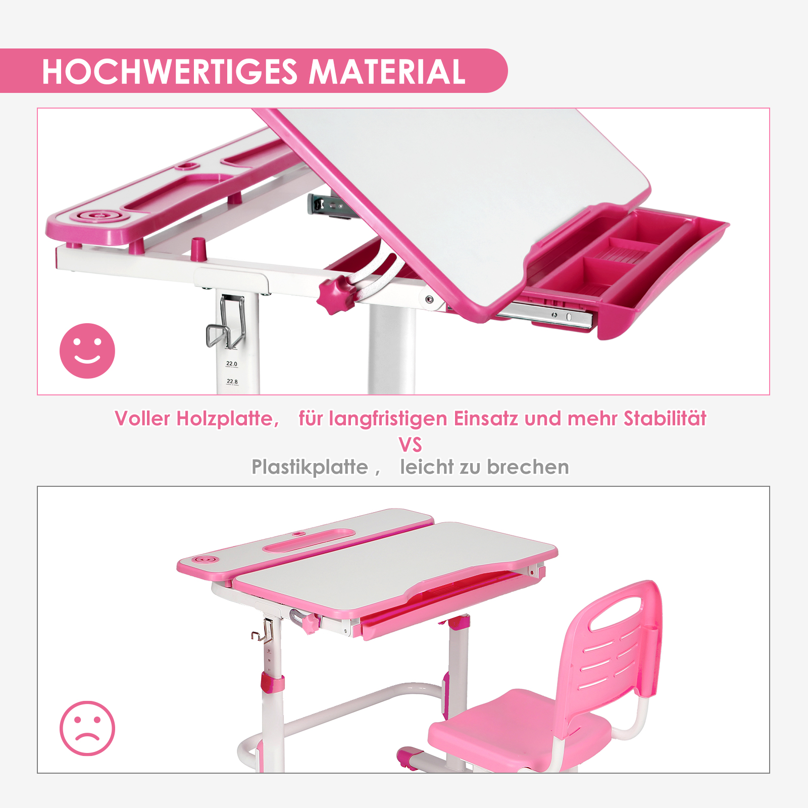 Verstellbarer Schreibtisch und Stuhl in Rosa mit Schubladen. Hochwertiges Material.