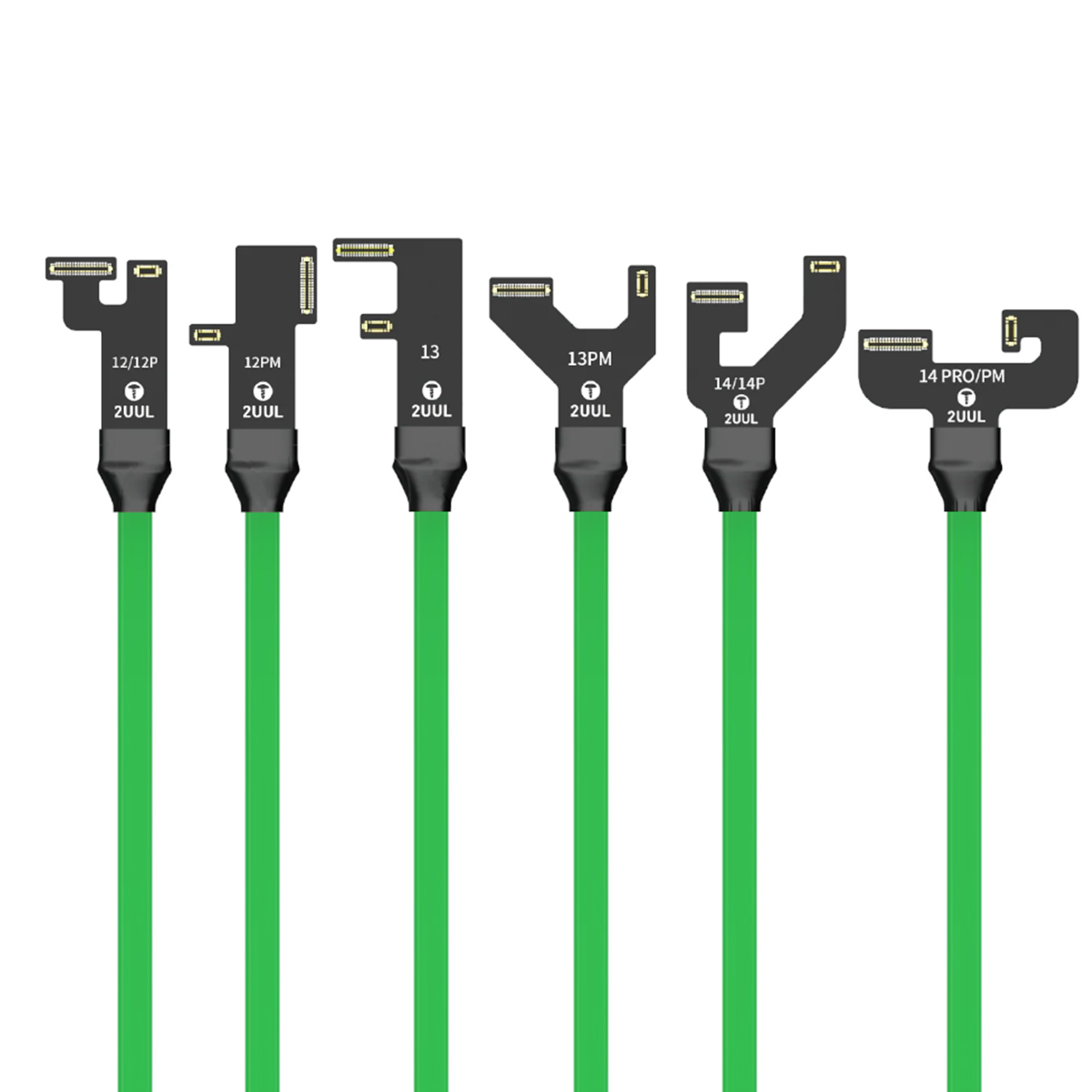 Sechs Flexkabel mit der Bezeichnung 12/12P, 12PM, 13, 13PM, 14/14P, 14 PRO/PM.