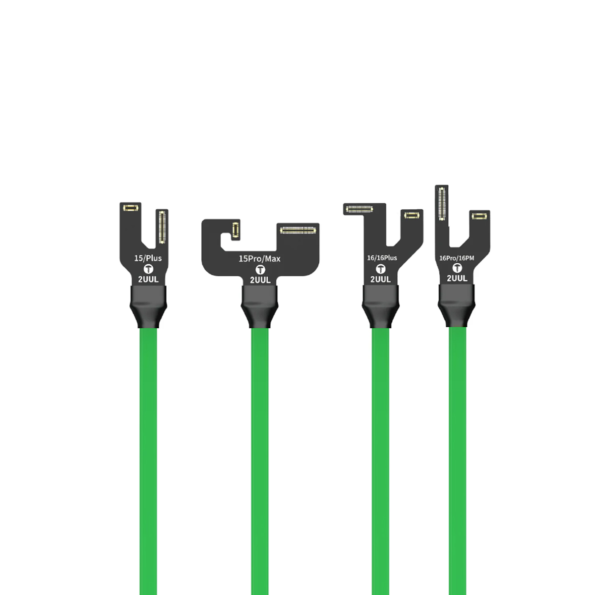 Vier grüne Ladekabel mit schwarzen Anschlüssen, beschriftet mit iPhone-Modellen.