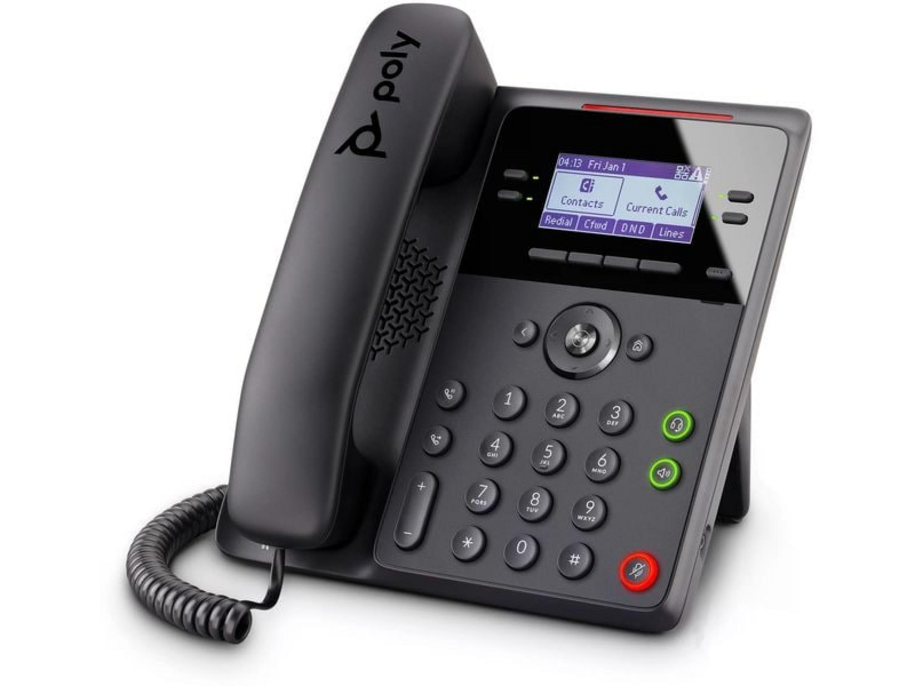 Ein schwarzes Poly-Tischtelefon mit Spiralkabel und Bildschirm, das Uhrzeit und Anrufoptionen anzeigt.