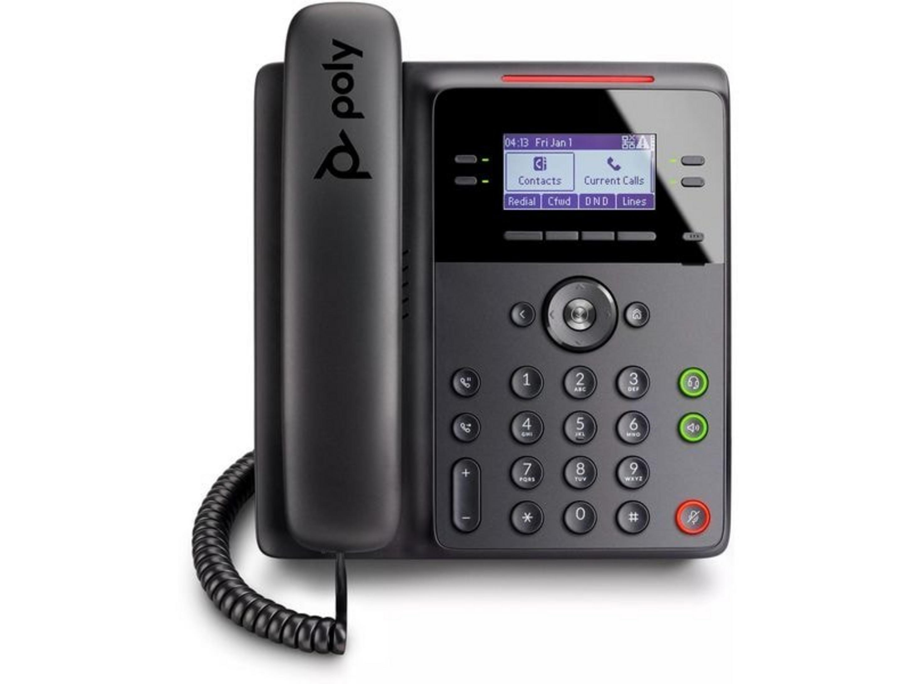Ein schwarzes Poly-Tischtelefon mit Hörer, Bildschirm und Tastatur. Es zeigt Uhrzeit und Anrufoptionen.