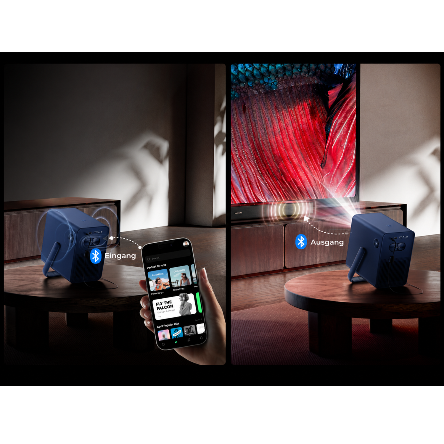 Ein blauer Projektor verbindet sich per Bluetooth mit einem Handy und einem Fernseher.