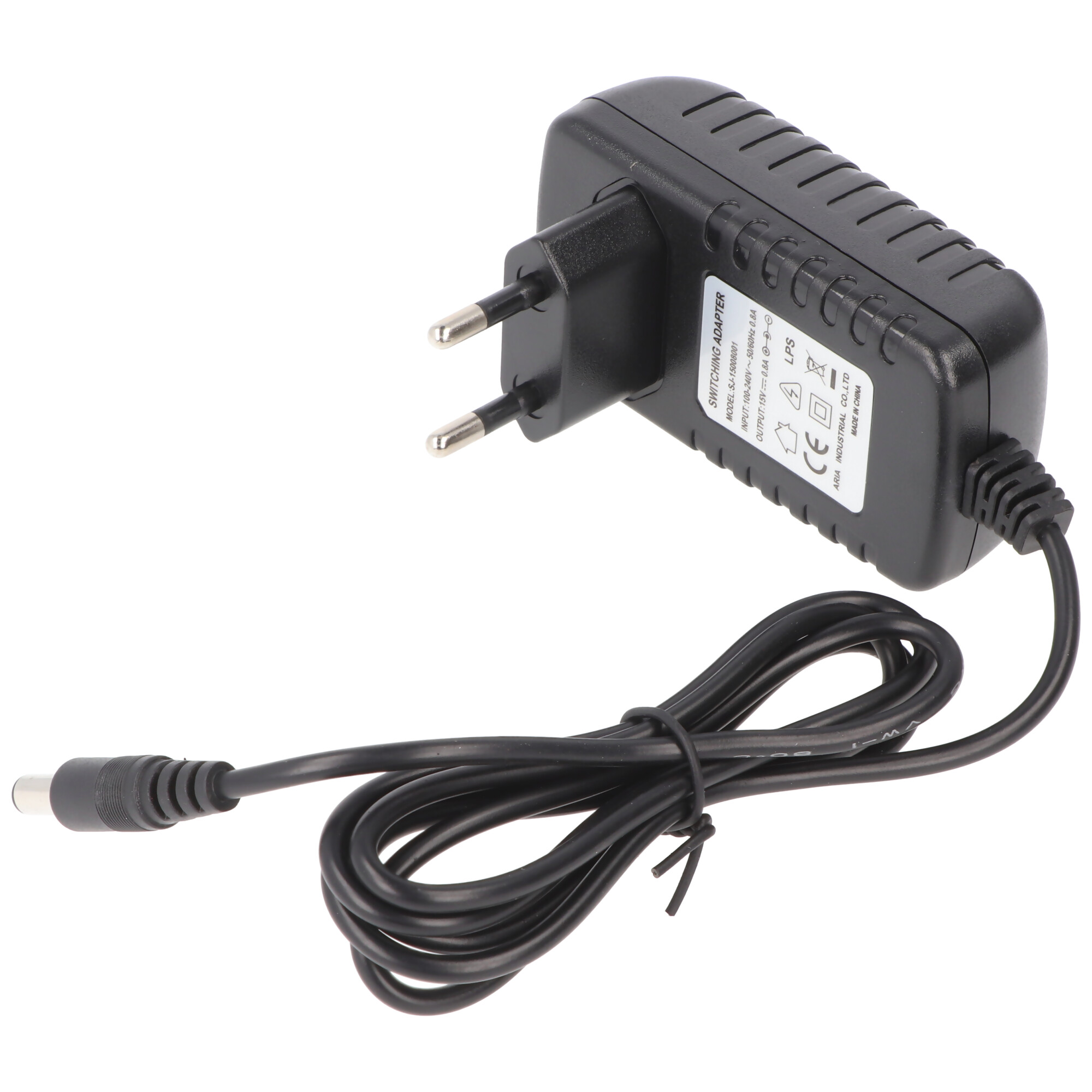 Schwarzer Netzadapter mit EU-Stecker und Kabel.