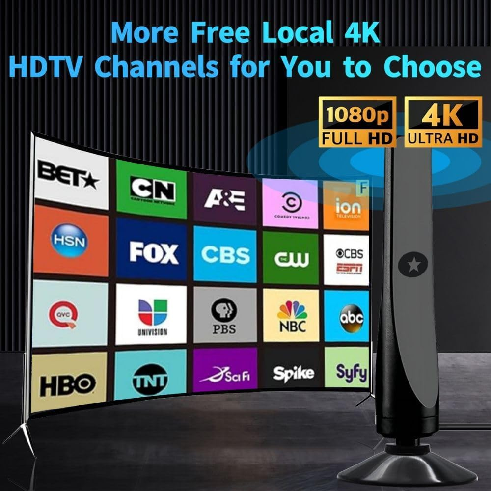 Ein gebogener TV-Bildschirm zeigt viele Senderlogos. Eine schwarze Antenne ist rechts.