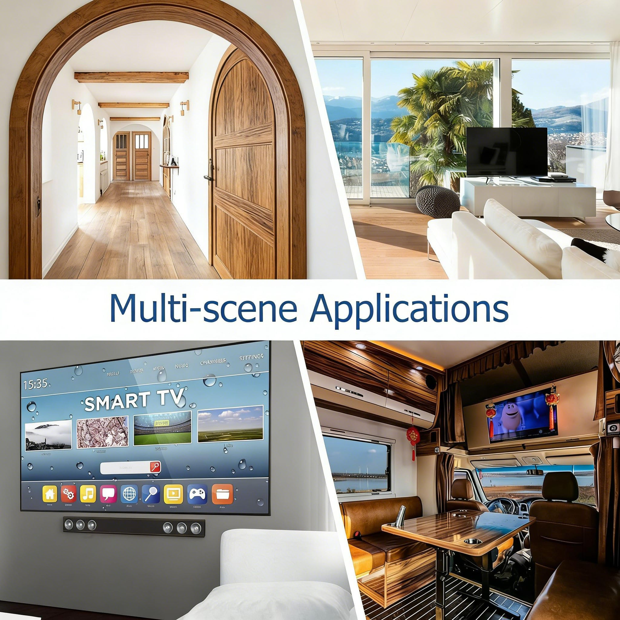 Vier Szenen: Flur, Wohnzimmer mit Aussicht, Smart-TV und Wohnmobil-Interieur.