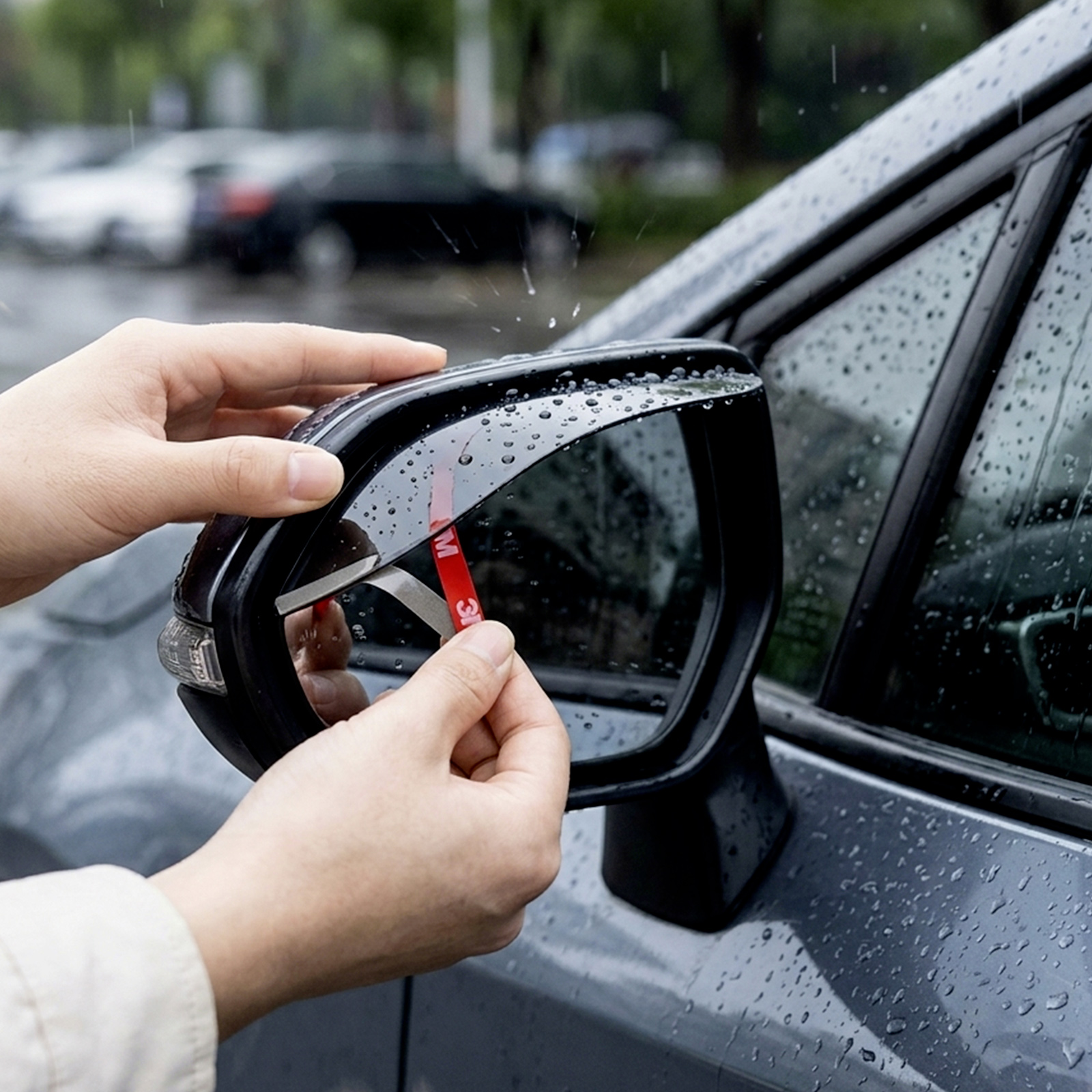 Hände bringen 3M-Klebeband an einem regennassen schwarzen Autoscheinwerfer an.