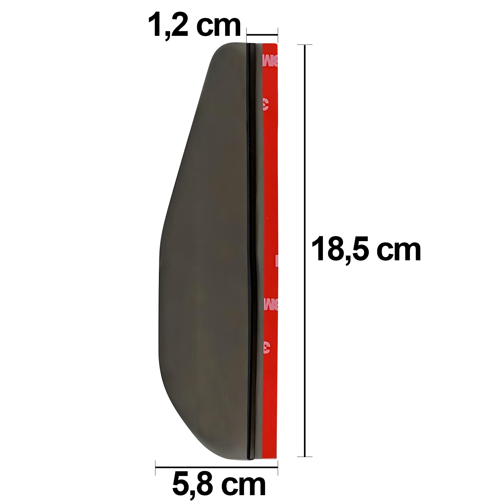 Dunkler Windabweiser mit roten 3M Klebestreifen und Maßen.