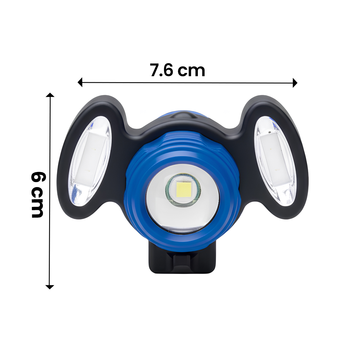 Ein blauer und schwarzer LED-Scheinwerfer mit Maßen von 7,6 cm Breite und 6 cm Höhe.