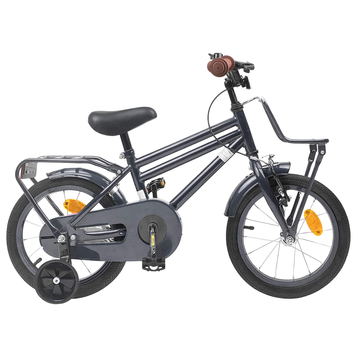 Ein dunkelgraues Kinderfahrrad mit Stützrädern, Gepäckträger und Frontkorb.