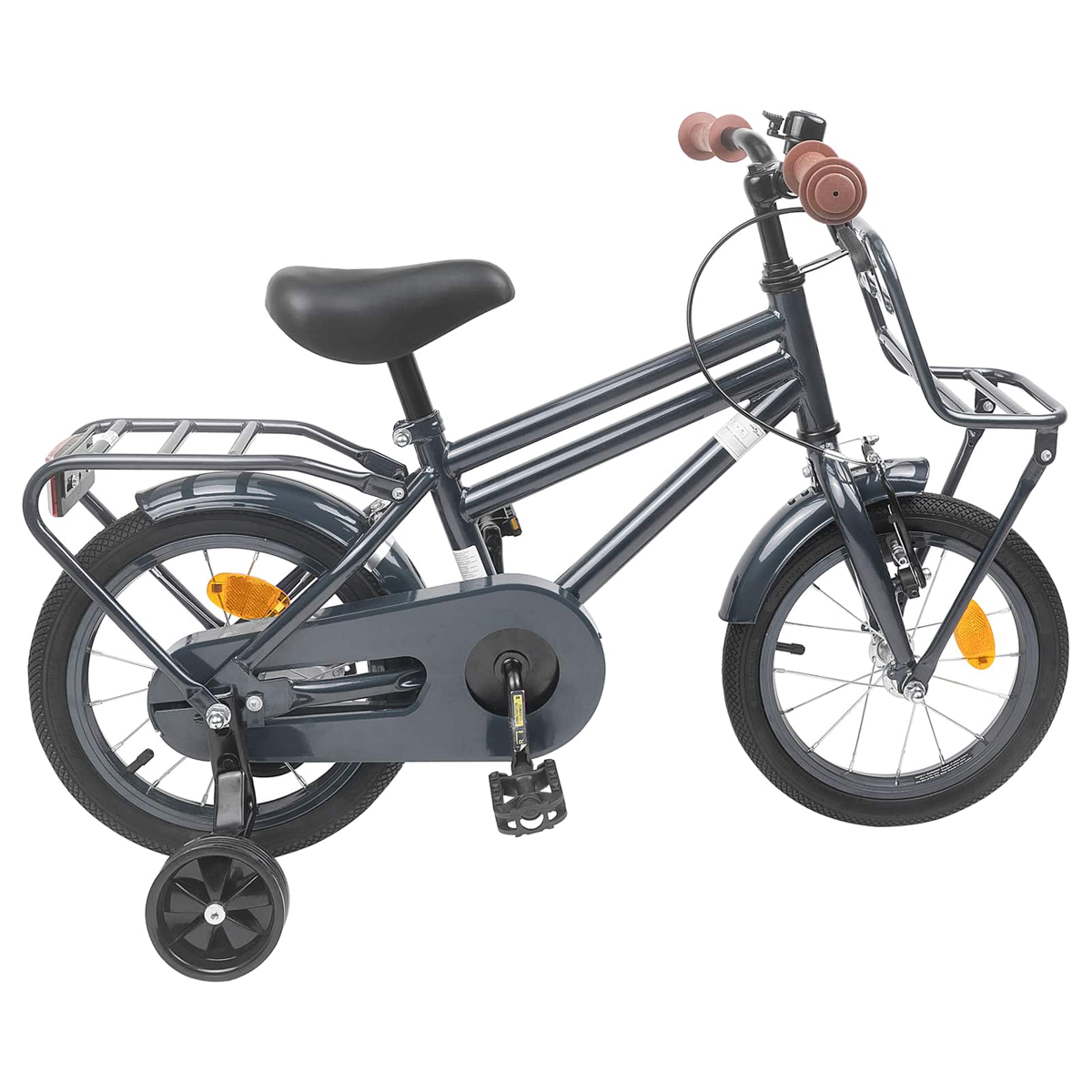 Ein dunkelgraues Fahrrad mit Stützrädern, vorderem Korb und Gepäckträger.