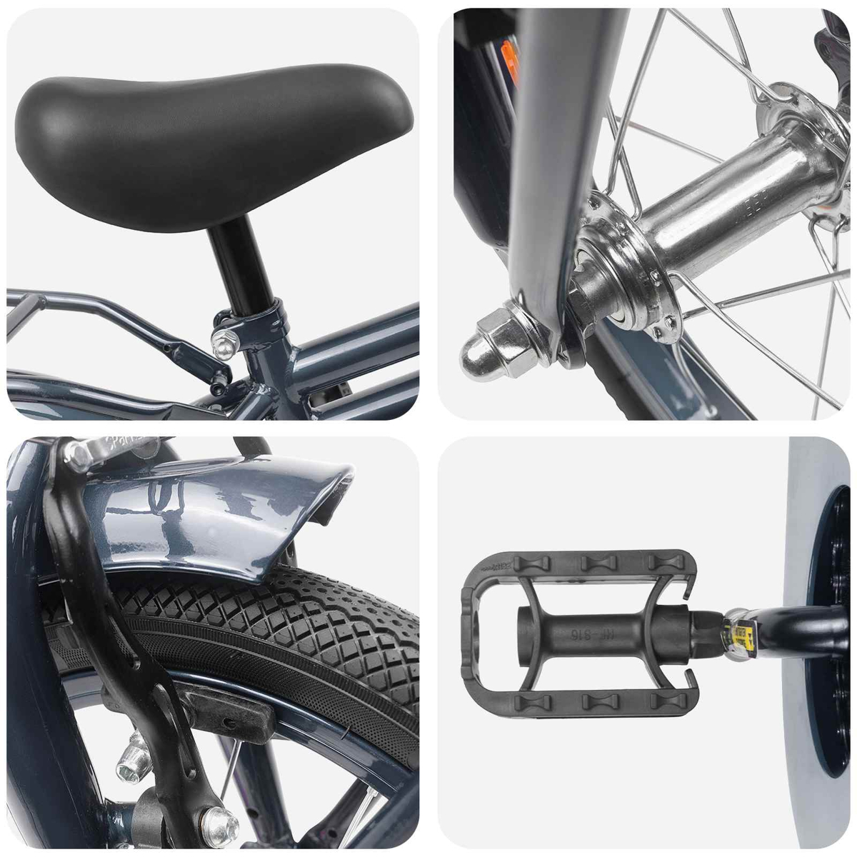 Detailansichten eines Fahrrads: Sattel, Vorderradnabe, Hinterradbremse, Pedal.