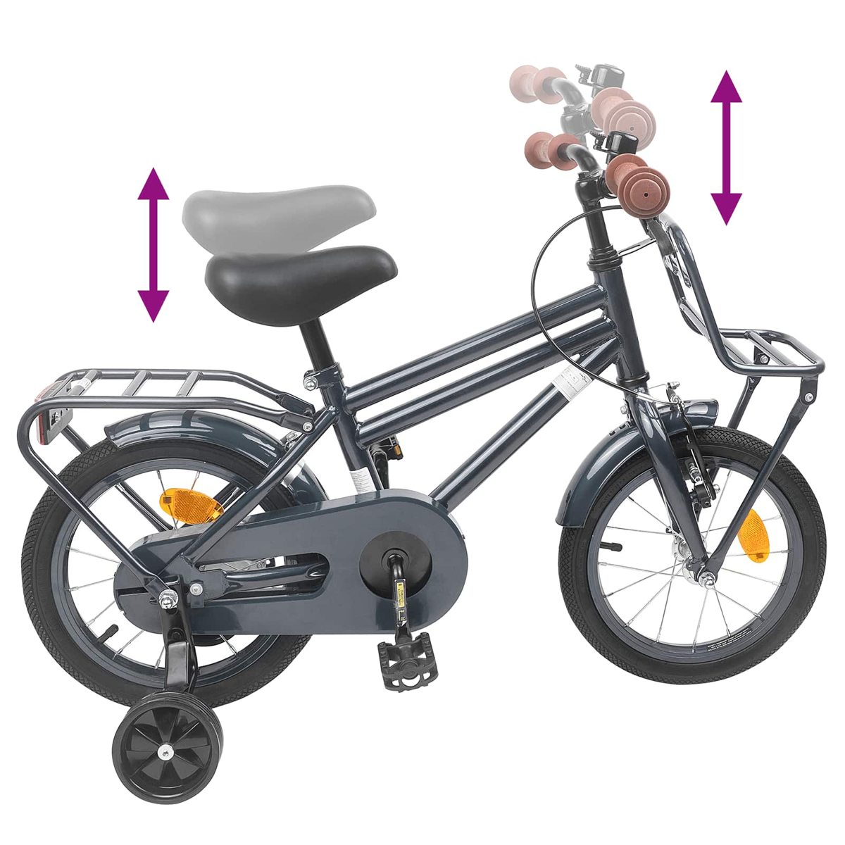 Ein dunkelgraues Kinderfahrrad mit Stützrädern und verstellbarem Sitz/Lenker.