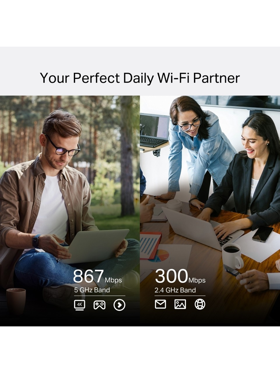 Erkek dışarıda dizüstü bilgisayarla, grup ofiste dizüstü bilgisayarlarla. 867 Mbps 5 GHz ve 300 Mbps 2.4 GHz.