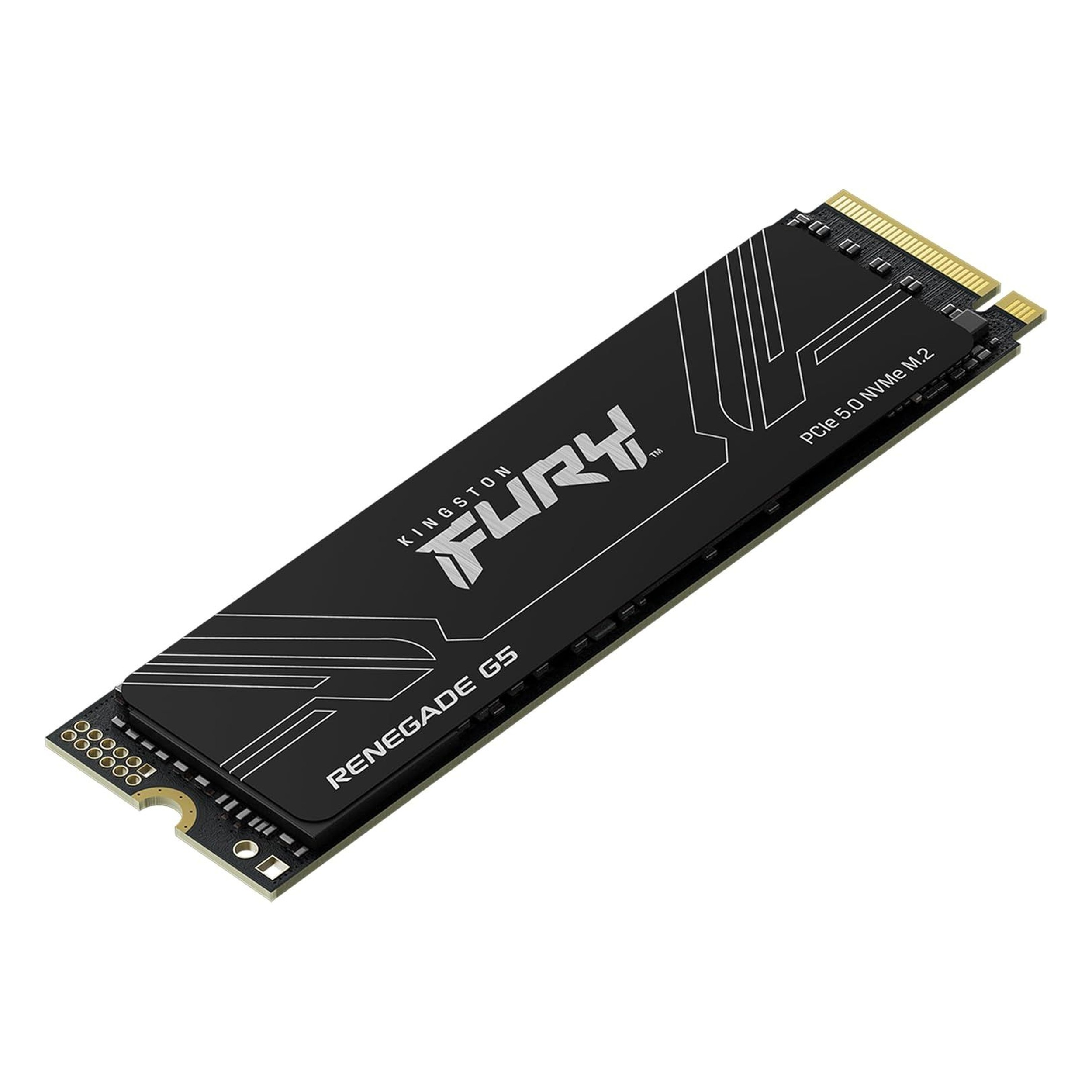 Kingston Fury Renegade G5 NVMe M.2 SSD, PCIe 5.0 arayüzlü ve altın rengi konektörlü.