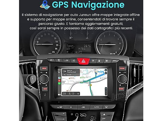 Cruscotto auto con schermo di navigazione GPS che mostra una mappa.