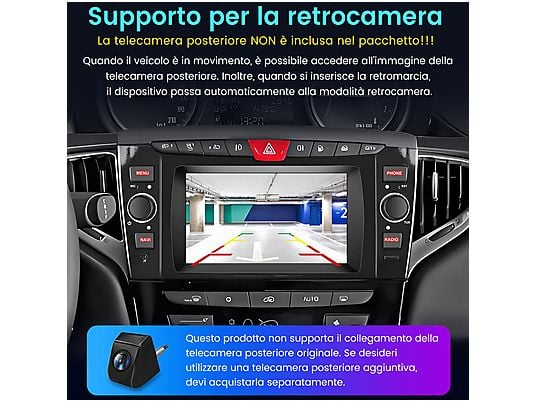 Interno auto con display telecamera posteriore e telecamera separata.