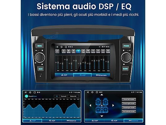 Autoradio con sistema DSP/EQ, display equalizzatore e impostazioni bilanciamento altoparlanti.