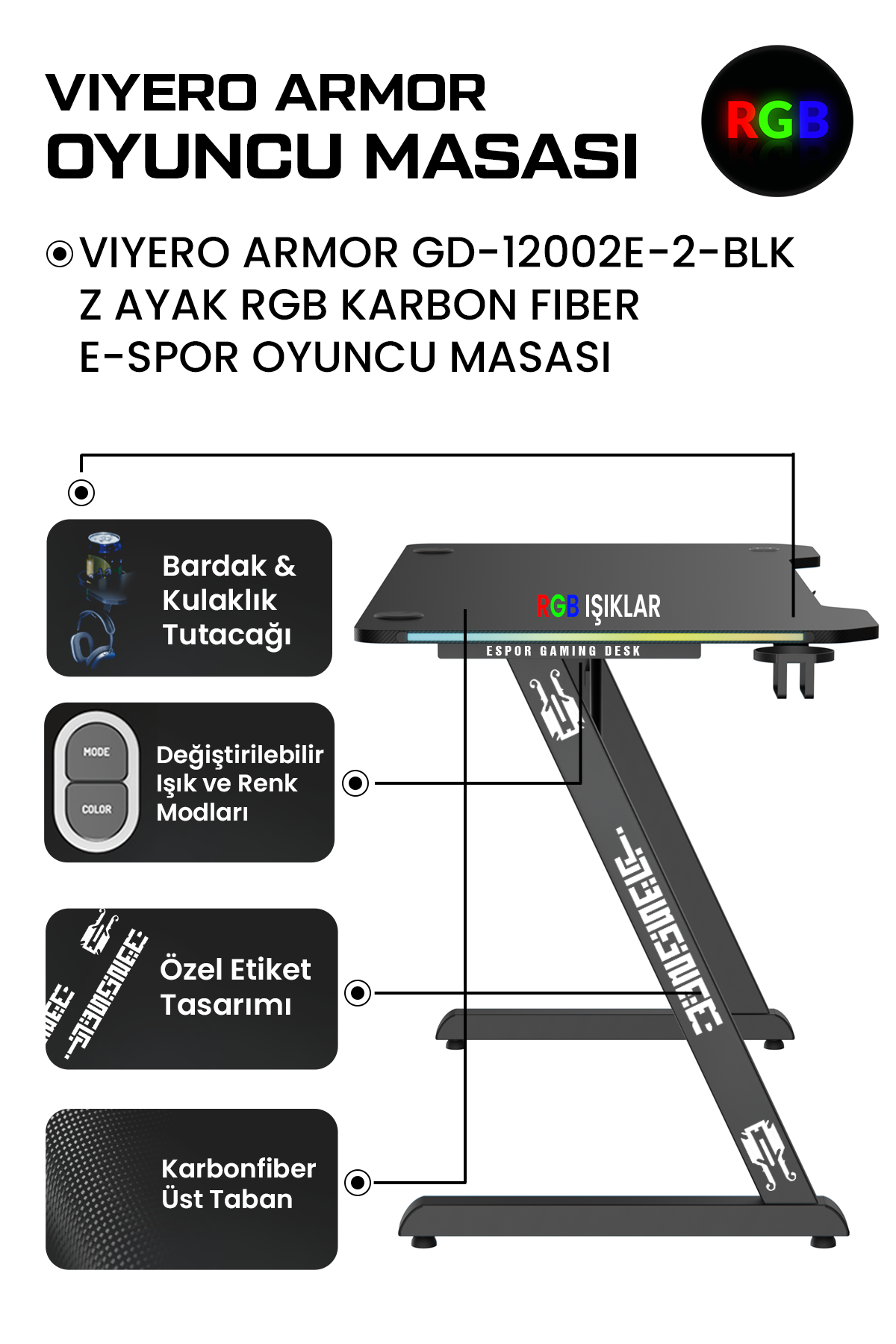RGB aydınlatmalı, bardak ve kulaklık tutacaklı siyah oyuncu masası.
