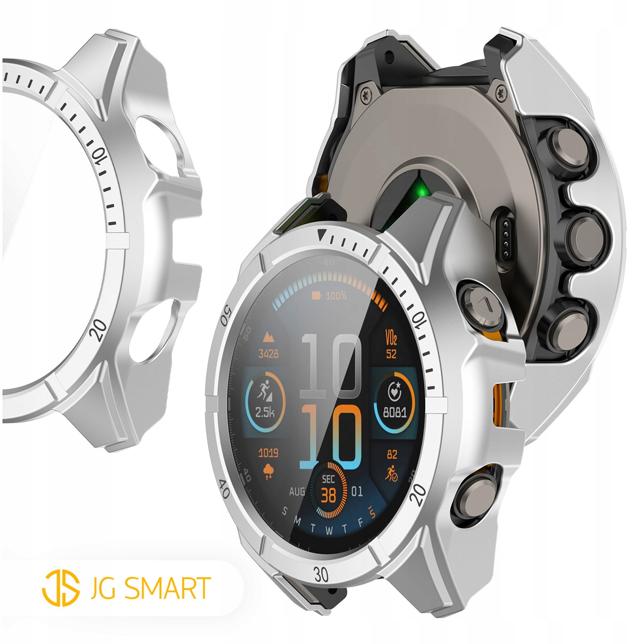 Srebrny smartwatch z cyfrowym wyświetlaczem pokazującym dane fitness i odłączoną ramką.