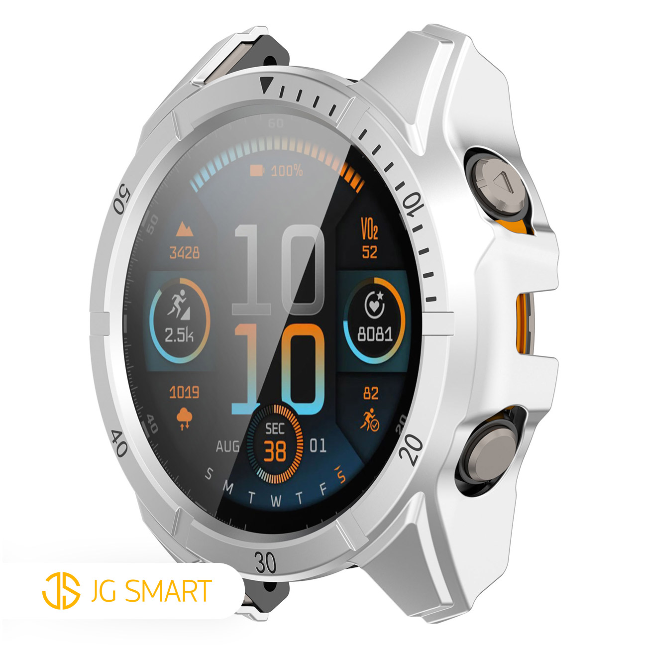Srebrny smartwatch z cyfrowym wyświetlaczem pokazującym dane fitness.