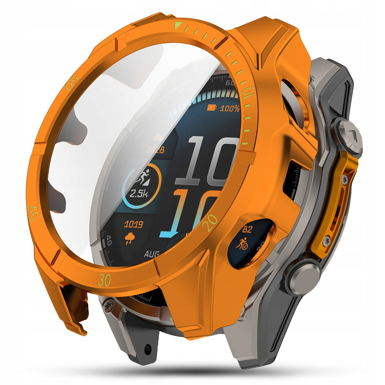 Pomarańczowe etui ochronne na smartwatch z cyfrowym wyświetlaczem pokazującym czas, kroki i pogodę.