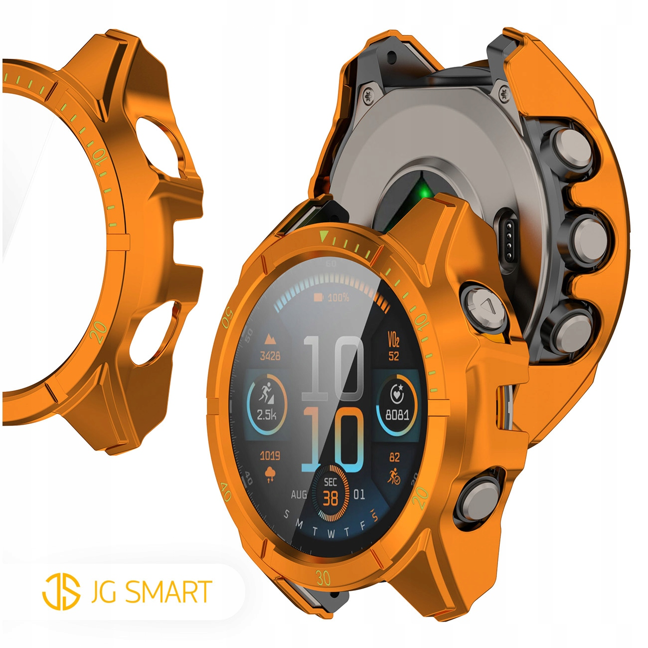 Pomarańczowy smartwatch z tarczą pokazującą kroki i tętno. Widoczna jest osłona ochronna.