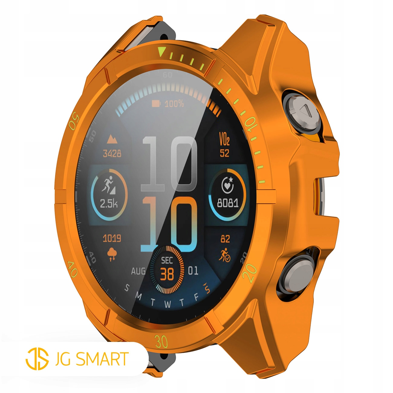 Pomarańczowy smartwatch z cyfrowym wyświetlaczem pokazującym czas, kroki, VO2 max i tętno.