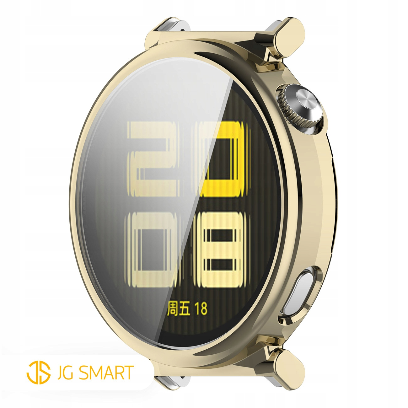 Złoty smartwatch z okrągłą tarczą wyświetlającą czas.