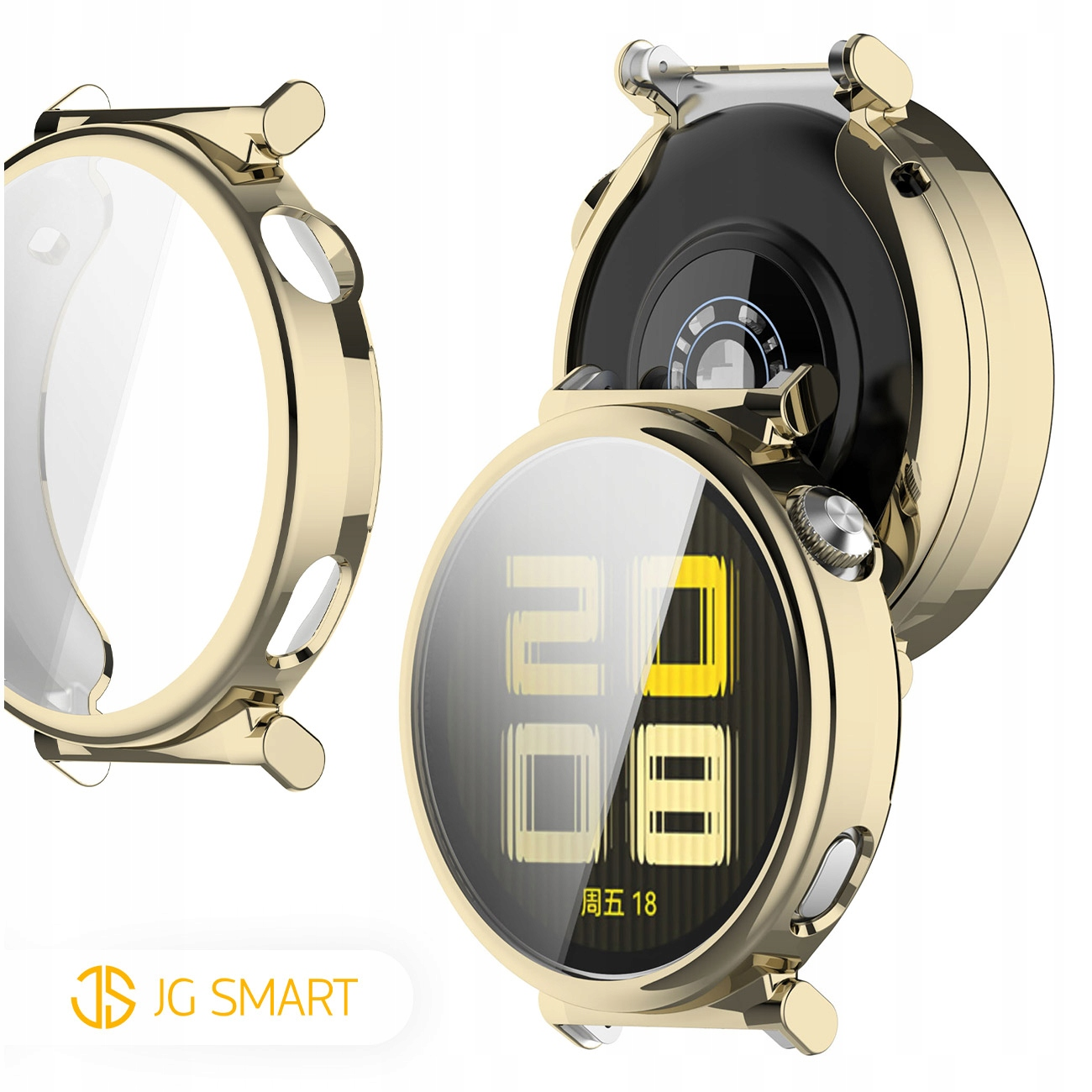 Złota osłona ochronna i smartwatch z żółtym wyświetlaczem.