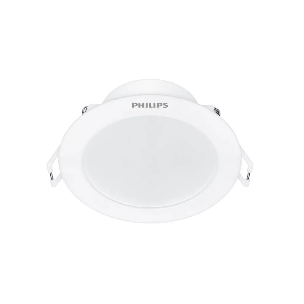 Gümüş klipsli beyaz Philips gömme tavan lambası, beyaz zeminde.