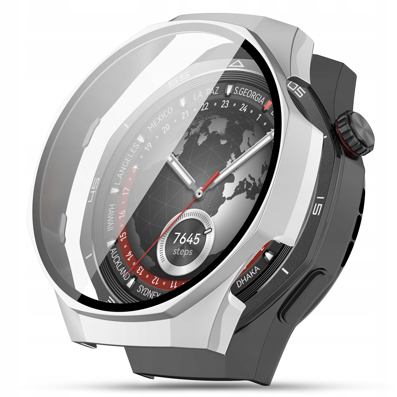 Nowoczesny smartwatch z mapą świata, strefami czasowymi i licznikiem kroków.
